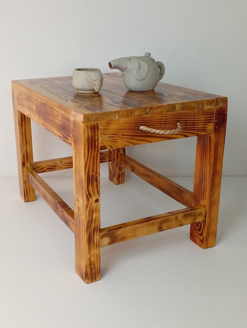 Wooden table Low table Art coffee table with rattan handles - 餐桌/書桌 - 木頭 咖啡色