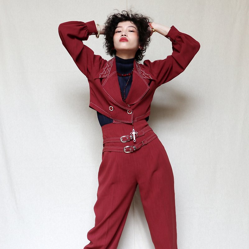 Pumpkin Vintage. Ancient classic wine red ornate short version buckle pants suit - Other - Other Materials 
