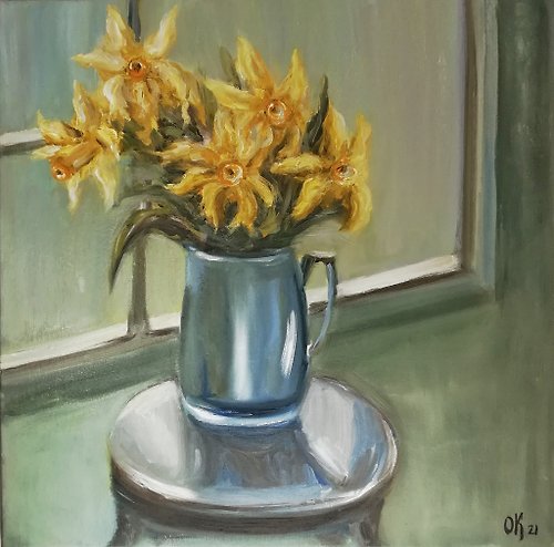 古典收集繪畫 Luxury handmade paintings with golden daffodils for home interior - Anniversary