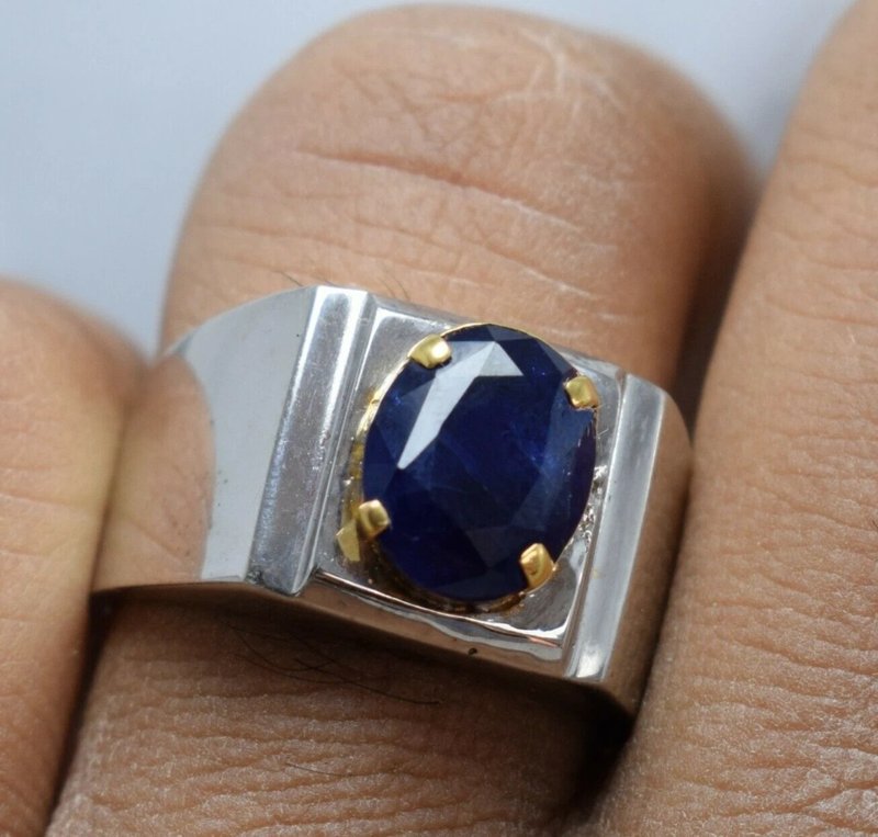 Natural Deep Blue Sapphire Ring Yellow Gold Plated Prongs 925 Sterling Silver - 戒指 - 寶石 藍色