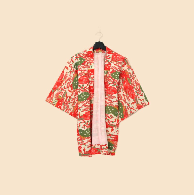 Back to Green-日本帶回羽織 鮮豔滿版城鎮kb-52/vintage kimono - 女大衣/外套 - 絲．絹 
