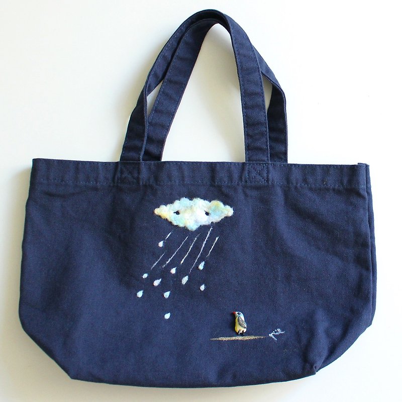 Blue canvas bag - Cloud & bird - กระเป๋าถือ - ผ้าฝ้าย/ผ้าลินิน สีน้ำเงิน