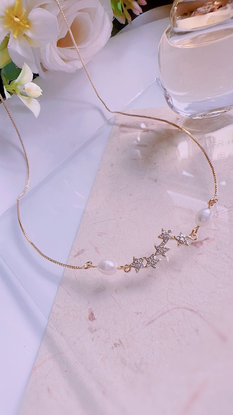 Sparkly Star White Freshwater Pearl Gold Necklace | 珍珠金项链 - สร้อยคอ - ไข่มุก สีทอง