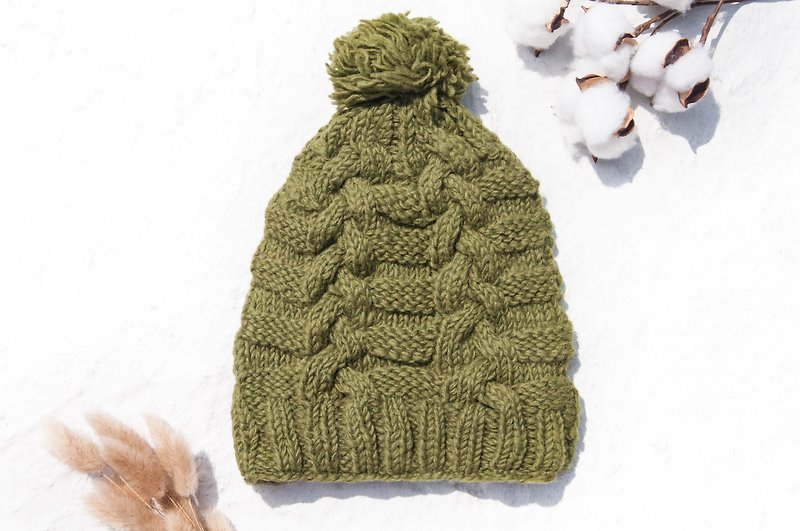 手工編織純羊毛帽/編織帽/針織毛帽/內刷毛手織毛帽/毛線帽-抹茶 - 帽子 - 羊毛 綠色