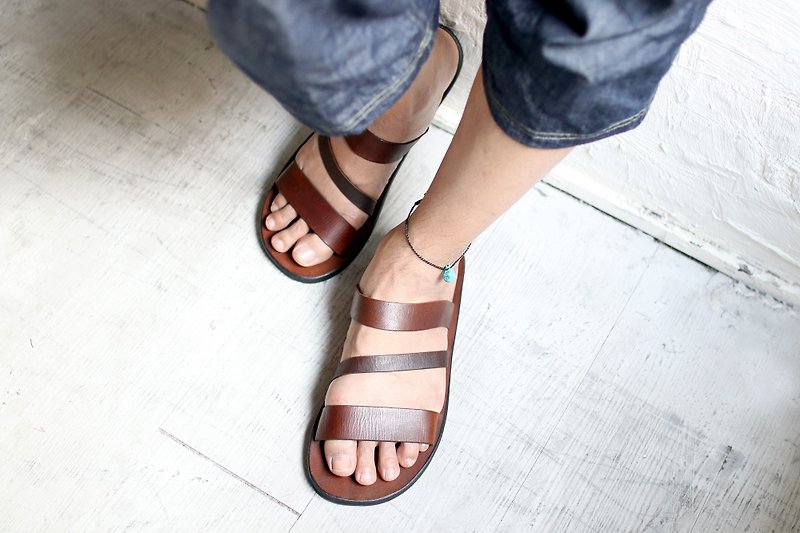 Roman leather slippers - Sandals - Genuine Leather Brown