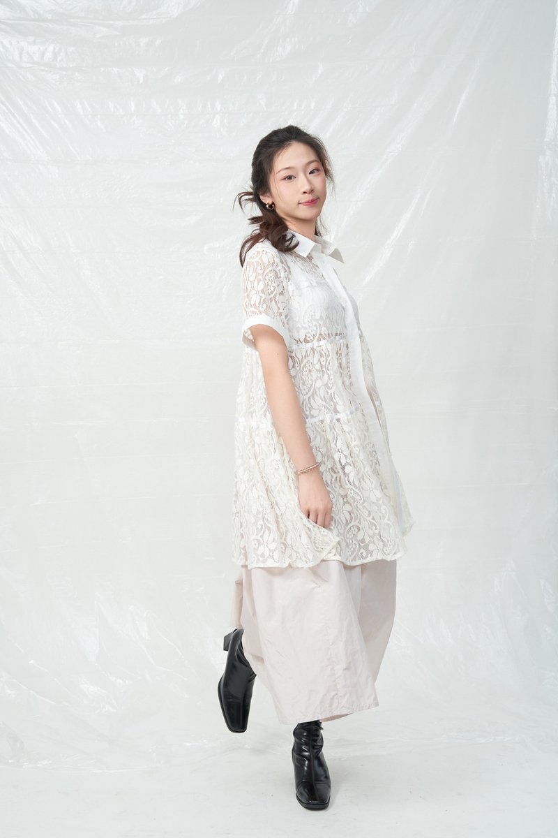 午後微光蕾絲短袖襯衫 清純白 輕婚紗 - 女襯衫 - 聚酯纖維 白色
