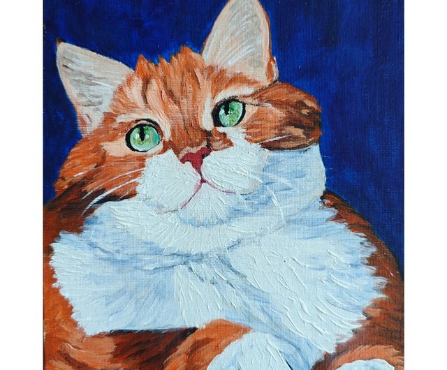青い背景に赤い猫 オリジナルアート ペット絵画 RinaArtSK 作