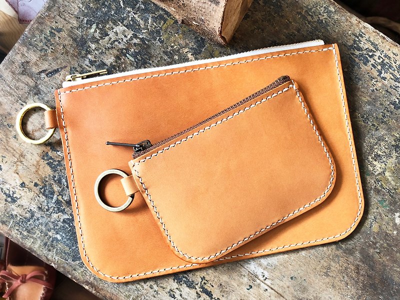 Classic Zipper Combination Handbag Coin Purse Good Sew Leather Material Bag Italian Vegetable Tanned DIY - เครื่องหนัง - หนังแท้ สีนำ้ตาล