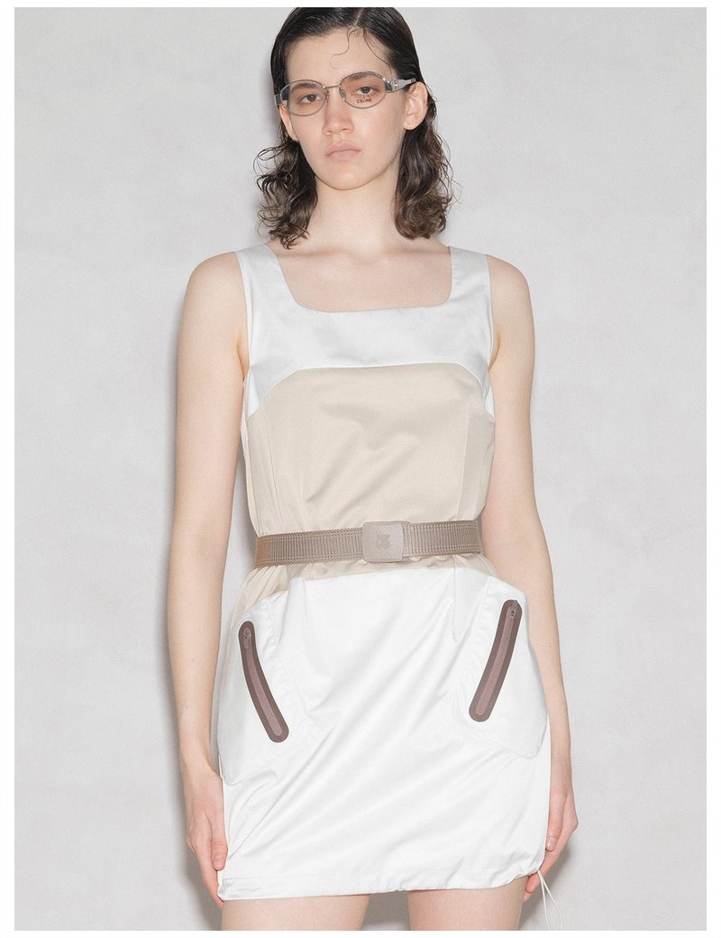 White Vanilla+Light Gray Khaki Color-Block Sporty Nylon Dress with Belt and Drawstring, Straight Cut, Mid-Length Shift Dress - One Piece Dresses - Polyester White