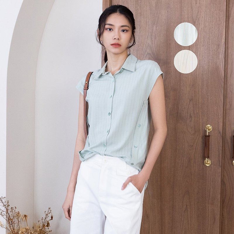 【MEDUSA】Color Pin Stripe Cooling Tencel Sleeveless Shirt - Women's Tops - Cotton & Hemp Green