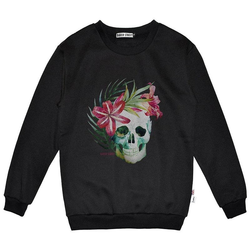British Fashion Brand -Baker Street- Skull Printed Sweatshirt - เสื้อฮู้ด - ผ้าฝ้าย/ผ้าลินิน สีดำ