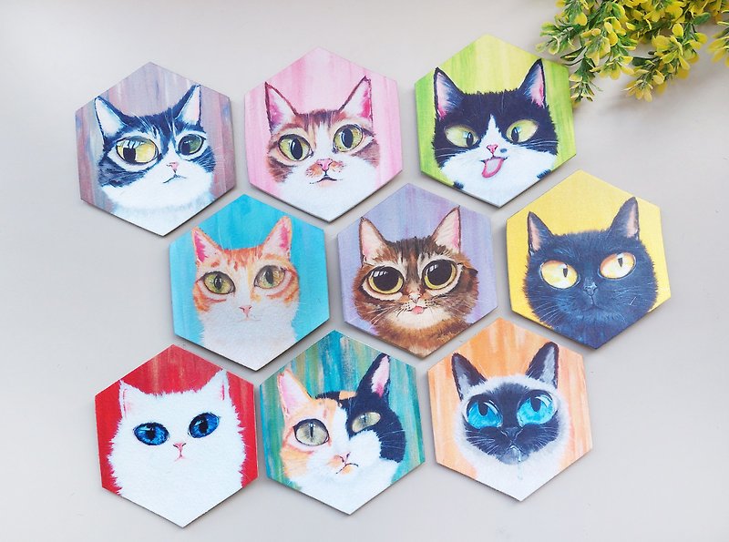Big Eyed Cat Hex Coaster - Coasters - Polyester Multicolor