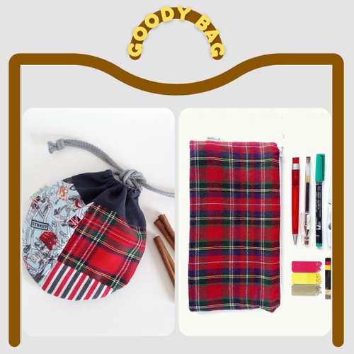 *Goody Bag ‧ Checkers* Doublesided Large Pouch + Rd Patchwork