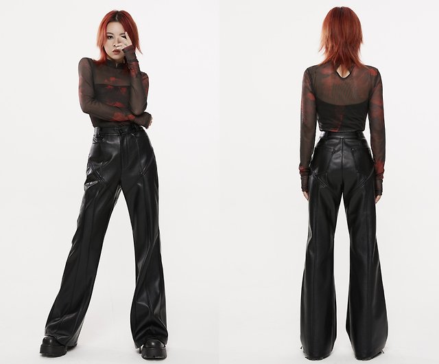 Women Faux Leather Flared Pants High Waist Bell Bottoms Trousers Punk  Gothic