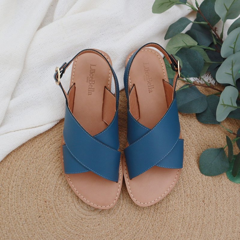【Summer breeze】leather sandals-blue - รองเท้ารัดส้น - หนังแท้ สีน้ำเงิน