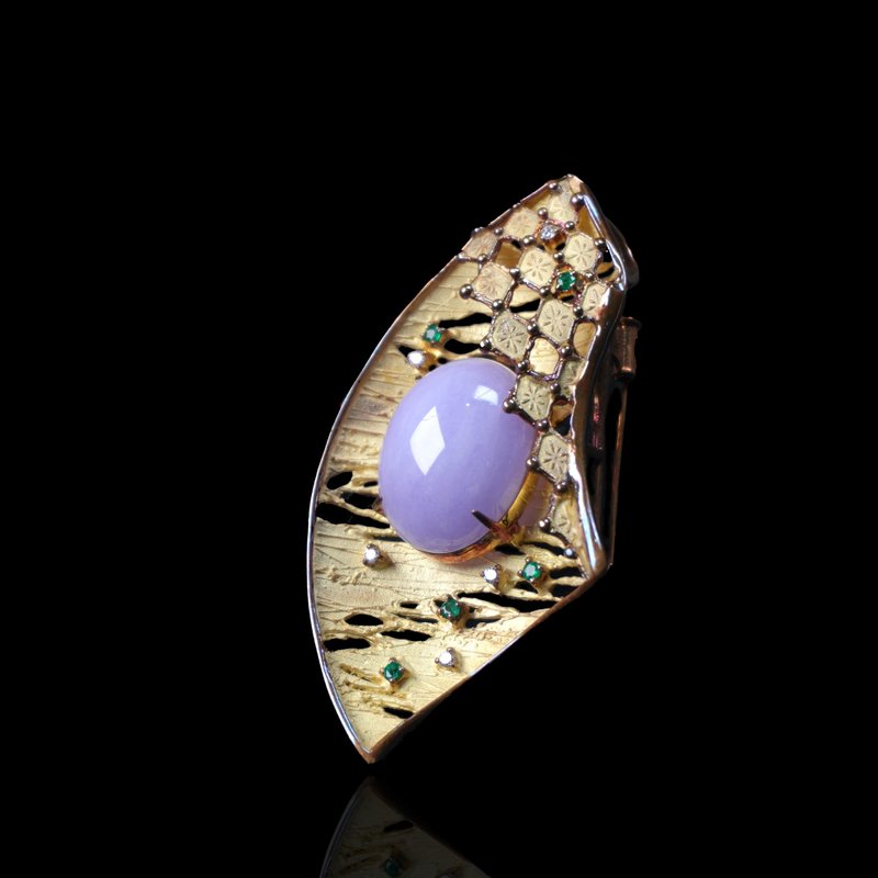 紫羅蘭翡翠蛋面胸針和服扣 18K金鑽石 | 天然緬甸翡翠A貨 | 送禮 - 胸針 - 玉石 紫色