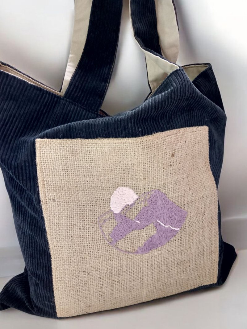 Corduroy bag with embroidery Mountains and Moon - handmade - a stylish shopper - 手提包/手提袋 - 棉．麻 咖啡色