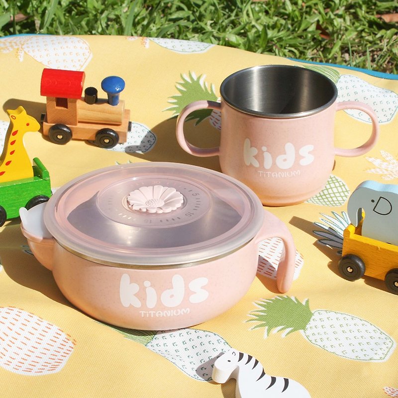 純鈦兒童學習杯注水碗兩件組(雙層 雙耳杯+注水碗)-蜜桃粉 - 便當盒/飯盒 - 其他材質 粉紅色