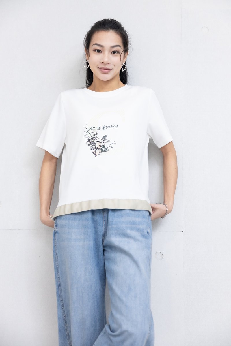 C印花下擺抽繩織帶上衣 白色 - 女 T 恤 - 其他材質 白色