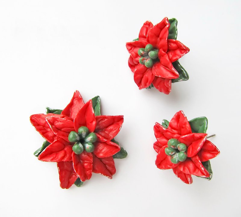 Poinsettia flower jewelry Poinsettia earrings Poinsettia pendant Red flower stud - Collar Necklaces - Clay Red
