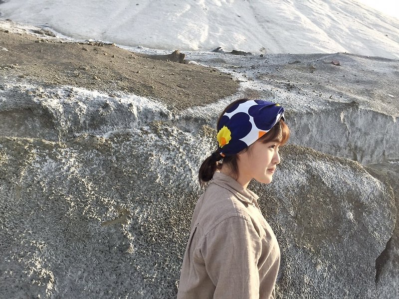 藏青花 巾帽式 x 芬蘭系列 鬆緊極寬版/手工髮帶 - 髮帶/頭箍 - 棉．麻 藍色