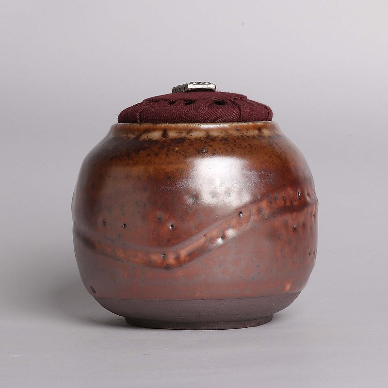 柴燒志野飛指茶罐(含布蓋) - 茶壺/茶杯/茶具 - 陶 咖啡色