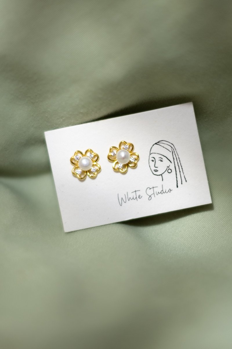 【クローバー】天然淡水パール 全スターリングシルバーのジルコニアピアス/イヤリング (ゴールド/シルバー) - ピアス・イヤリング - スターリングシルバー ゴールド