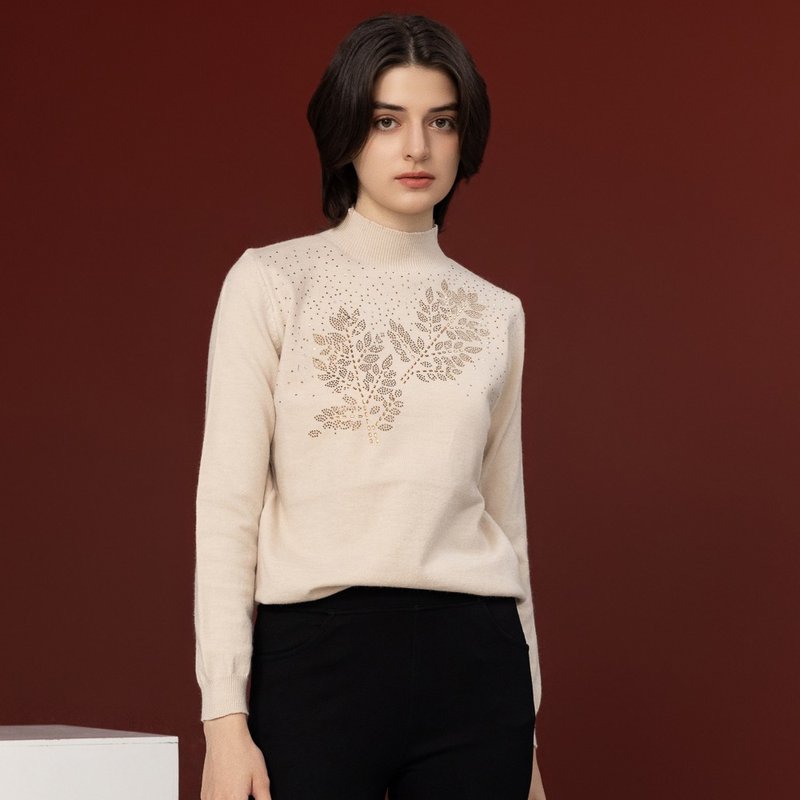 【Icare】燕麥色水鑽小立領毛衣(M-XL) | 女長袖上衣 女毛衣 - 女毛衣/針織衫 - 其他人造纖維 卡其色