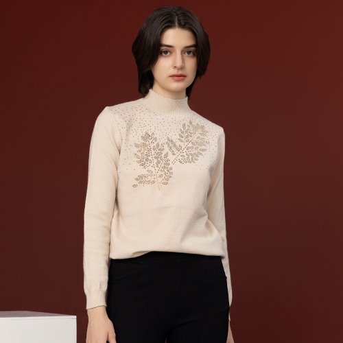 MEDUSA LADY 【Icare】燕麥色水鑽小立領毛衣(M-XL) | 女長袖上衣 女毛衣