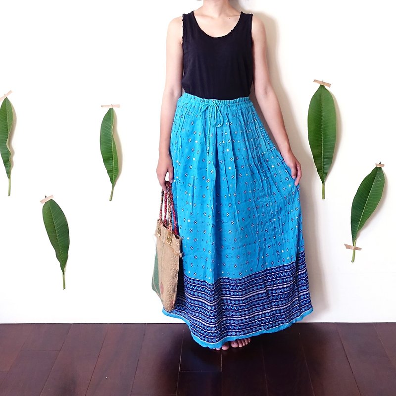 BajuTua / vintage / 70's hippie azure Indian totem skirts - Skirts - Polyester Blue
