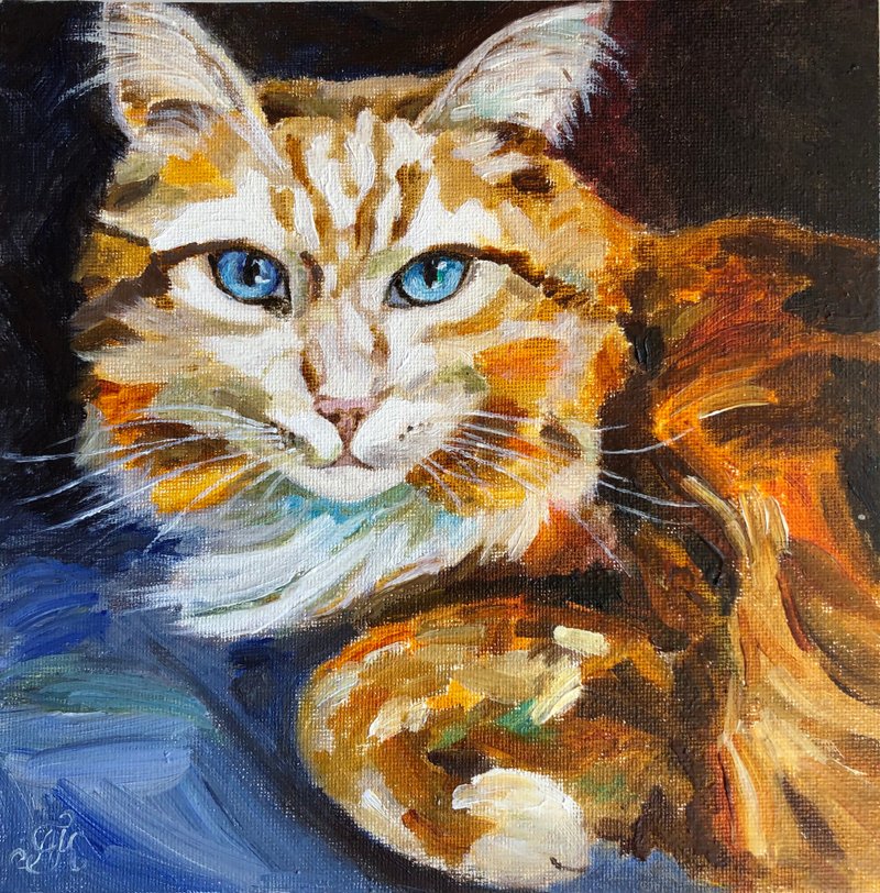 橙色貓原創油畫畫布牆壁藝術家居動物肖像 - 壁貼/牆壁裝飾 - 其他材質 橘色