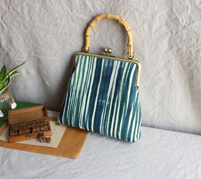 Mouth gold bag handbag hand-printed straight bamboo forest - Handbags & Totes - Cotton & Hemp Green