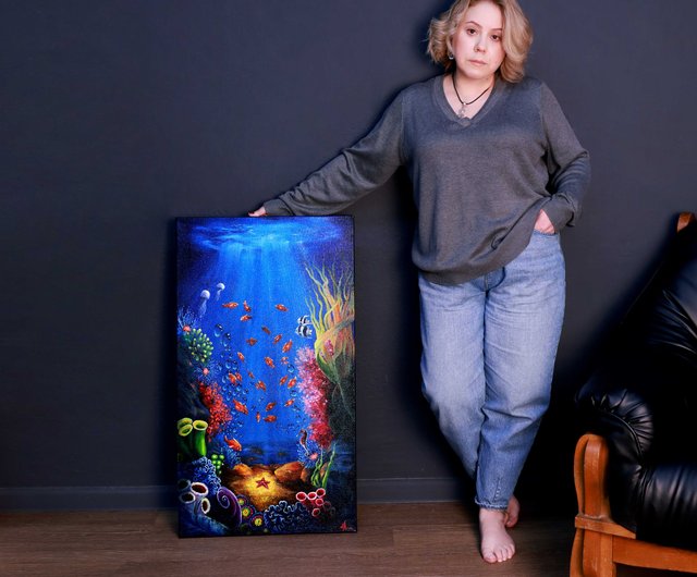 現代アート　アン・マレット　直筆サイン『WATER』キャンヴァスに油彩1025B e401fac3b3954eaa9399c904cbe7aa