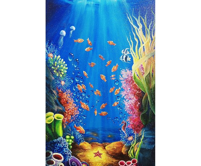 オリジナル油絵 水中の世界 90cm x 50cm サイズ キャンバスに張