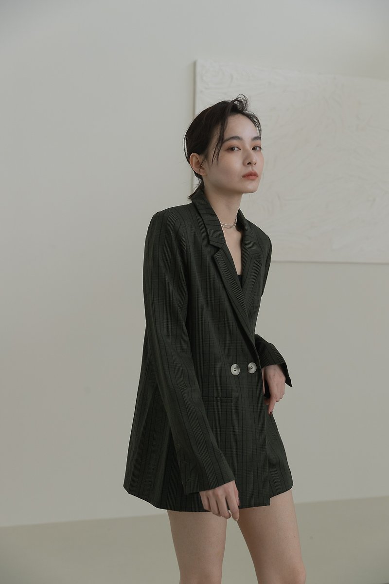 Polyester Women's Blazers & Trench Coats Green - Madison Vintage Classic Slim Fit Blazer Forest Green Check