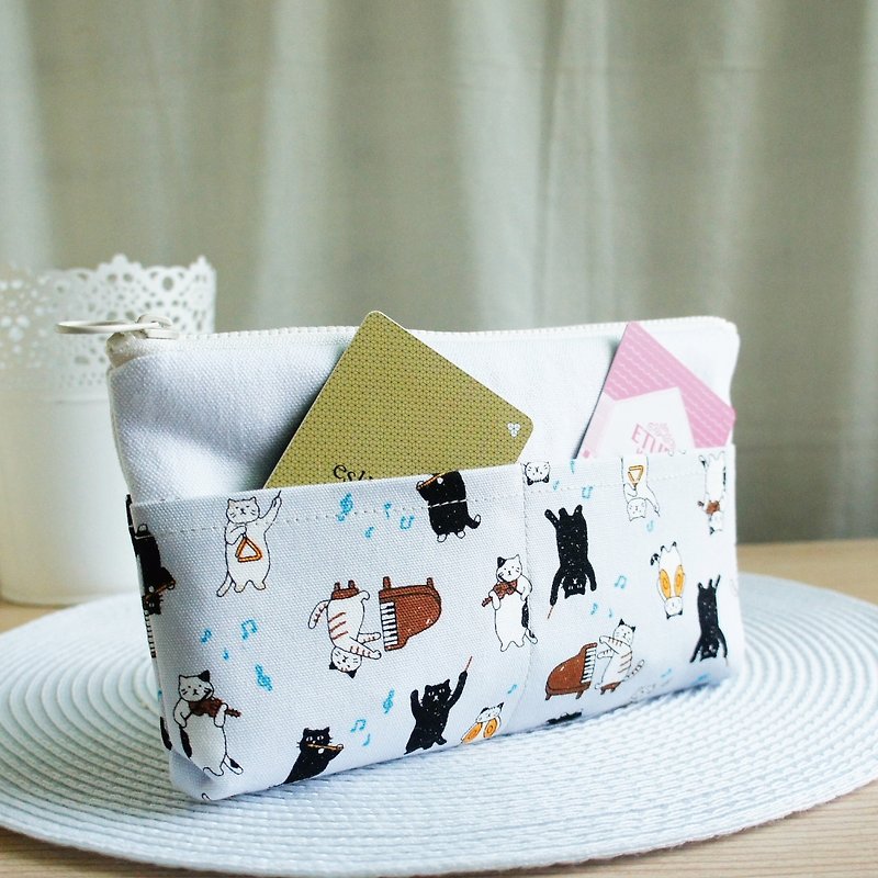 Lovely [Japanese cloth] cat musician multi-separated plastic zipper pencil case, tool bag, gray - Pencil Cases - Cotton & Hemp Gray