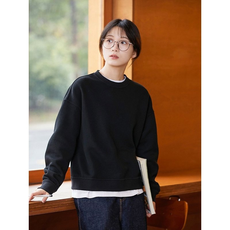 黑色空氣層柔軟輕盈針織布短款衛衣 - 女上衣/長袖上衣 - 棉．麻 