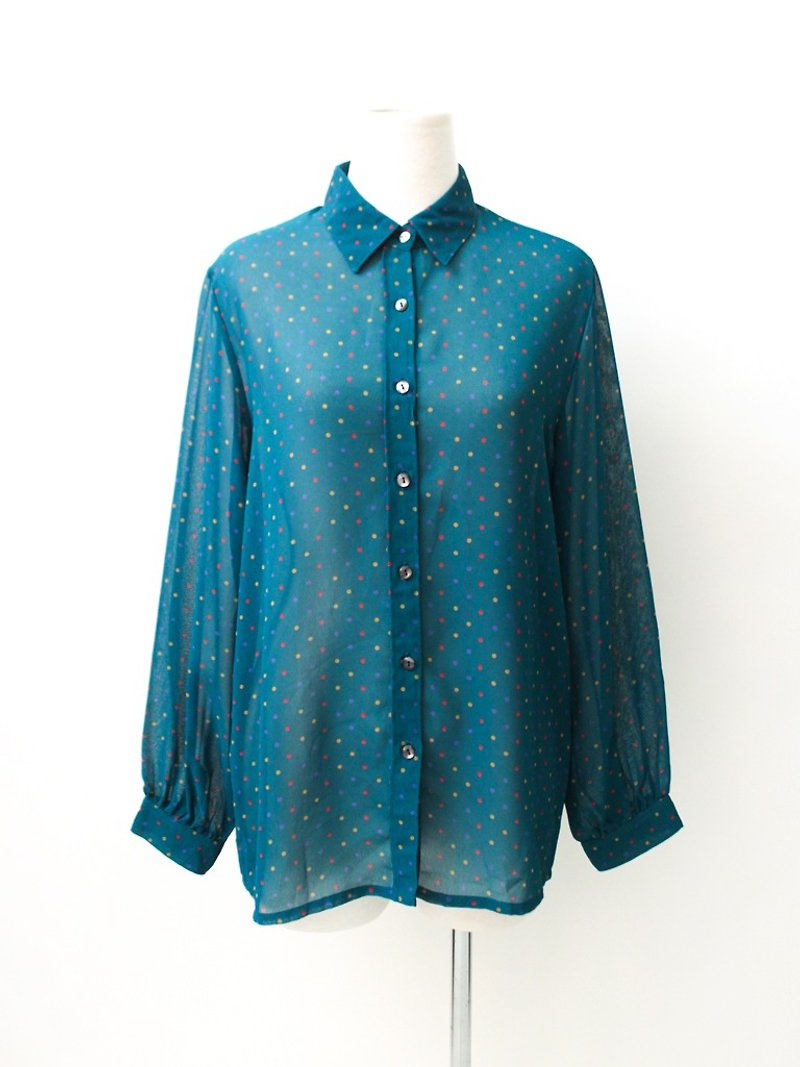 【RE1021T270】 autumn Japanese system retro blue and green dotted ancient shirt - Women's Shirts - Polyester Green