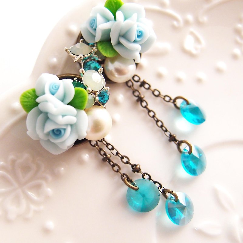 Hanayome Blue Rose ◎ three kinds of law ◎ wear diamond crystal pieces x]]] pin earrings - ต่างหู - ดินเหนียว สีน้ำเงิน