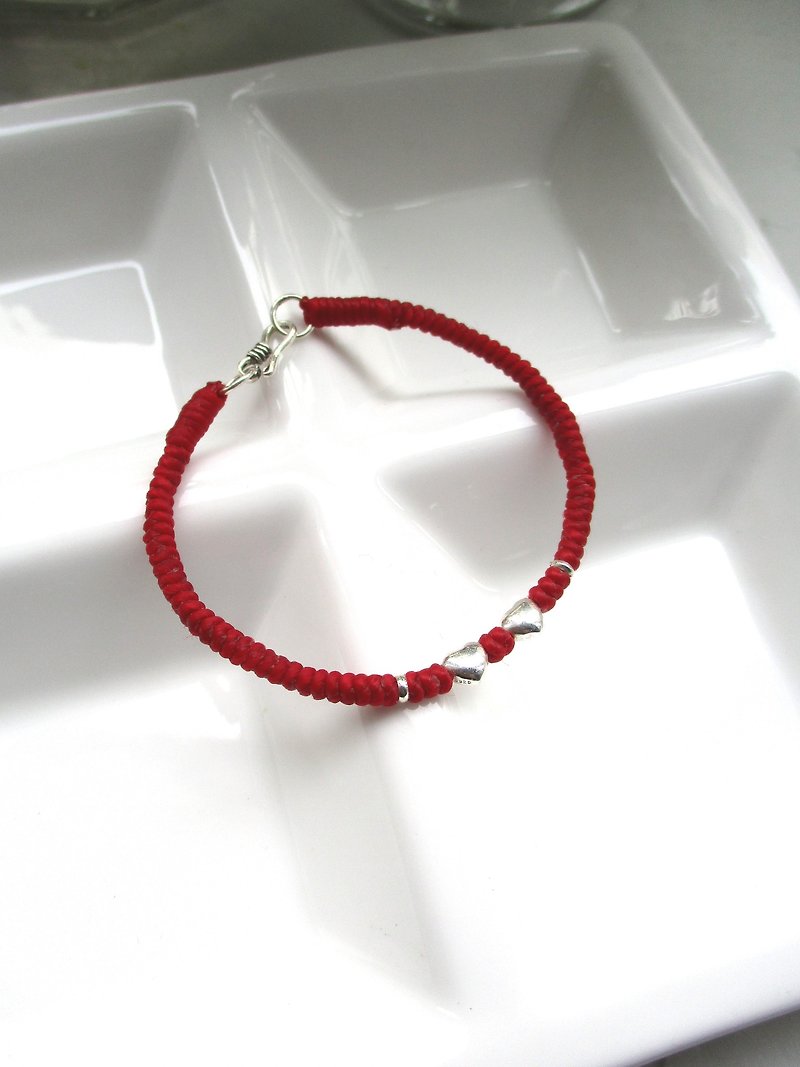925 Sterling Silver Hearts (Silk Wax Bracelet) - With Bubble (Note: Fill in the color) - Bracelets - Other Materials Red