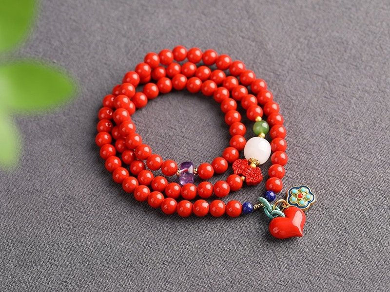 Natural cinnabar fine red sand three-circle bracelet content more than 95% 6mm - สร้อยข้อมือ - เครื่องเพชรพลอย 