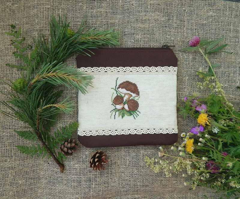 Cosmetic bag with embroidered mushrooms, textile wallet, embroidered  purse - Toiletry Bags & Pouches - Polyester Brown
