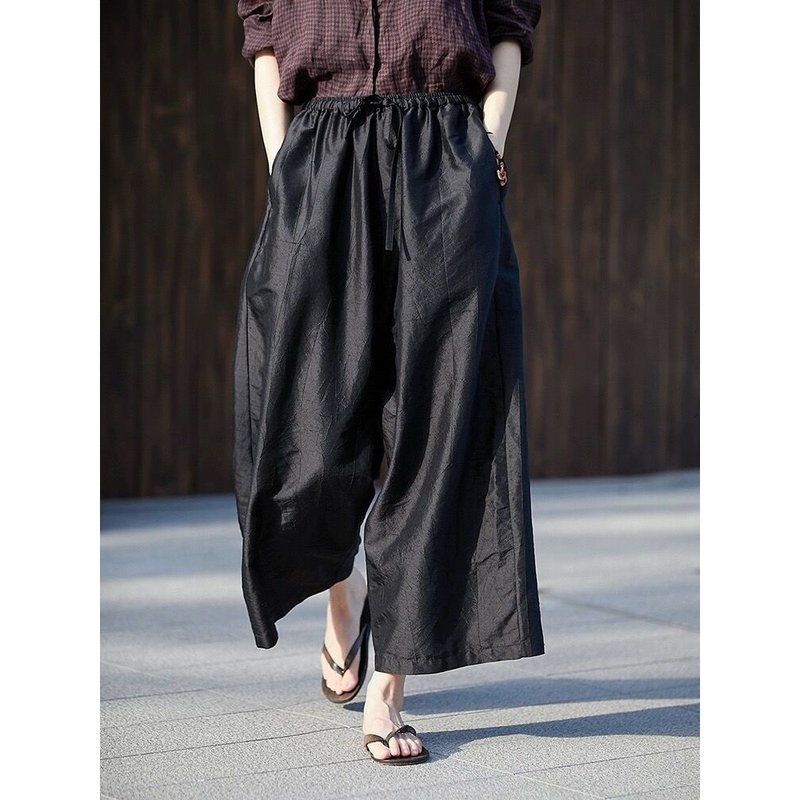 Black double palace silk elastic drawstring waist loose wide-leg pants - กางเกงขายาว - ผ้าไหม 