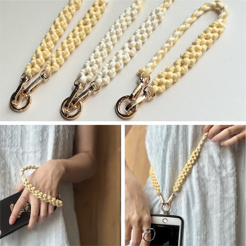 Japanese style⋯ woven hollow flower adjustable mobile phone lanyard mobile phone strap - เชือก/สายคล้อง - ผ้าฝ้าย/ผ้าลินิน สีเหลือง