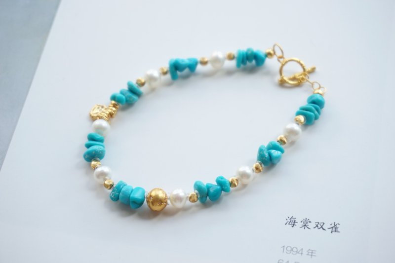 天然隨行綠松石手鏈 搭配珍珠 銀鍍金愛心  小眾溫柔氣質女生禮物 - 手鍊/手環 - 玉石 
