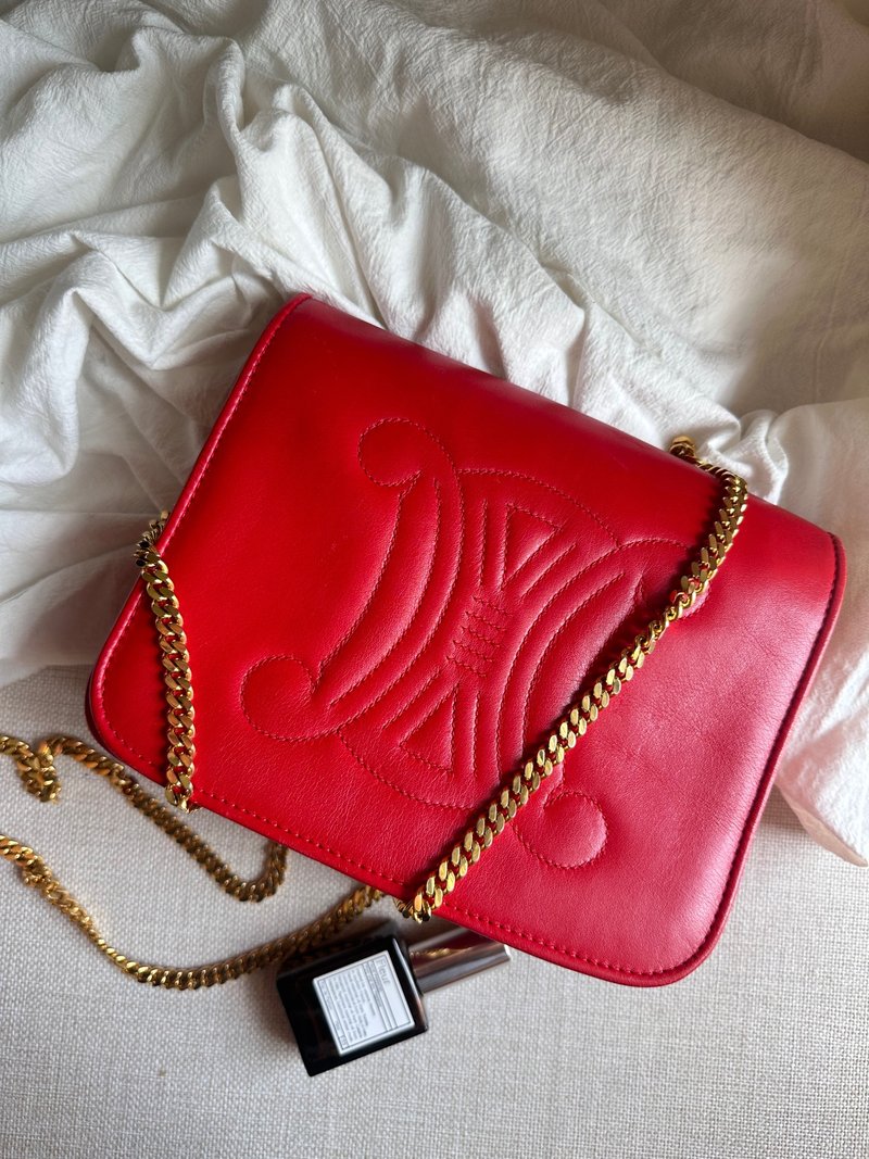 稀有中古Vintage Celine 凱旋門刺繡翻蓋鏈條小包 - 側背包/斜背包 - 真皮 