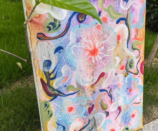 油絵を手で描いた、軽くて豪華な装飾画、抽象的な金箔画2 淡い波の金箔抽象画 PALE WAVES ABSTRACT W/ GOLD LEAF – Artbar