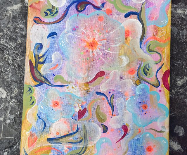油絵を手で描いた、軽くて豪華な装飾画、抽象的な金箔画2 淡い波の金箔抽象画 PALE WAVES ABSTRACT W/ GOLD LEAF – Artbar