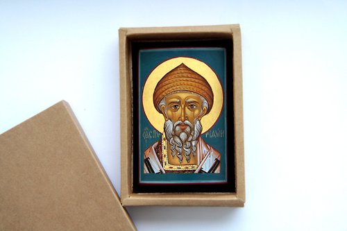 Orthodox small icons hand painted orthodox wood icon Saint Spyridon Trimifunt pocket size miniature