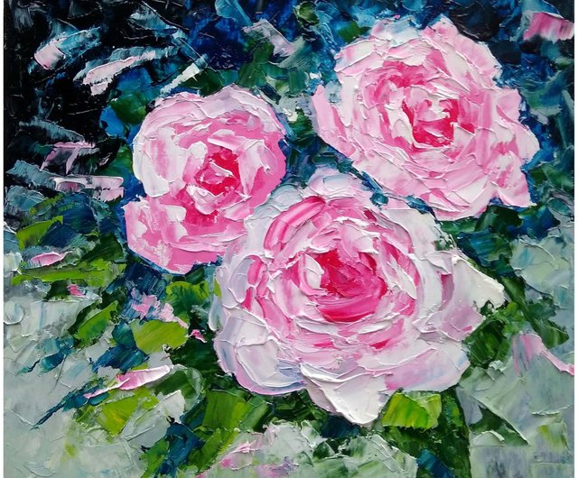 バラの花束オリジナルの油絵、花の壁アート、花の絵。手工油絵